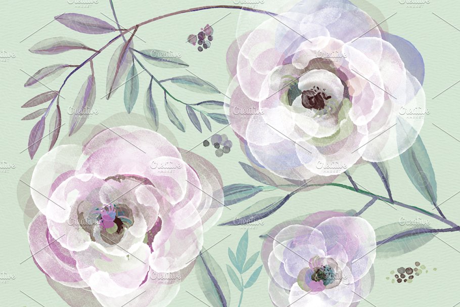 紫色玫瑰和树叶水彩剪贴画 Watercolor purple roses and leaves插图(3)
