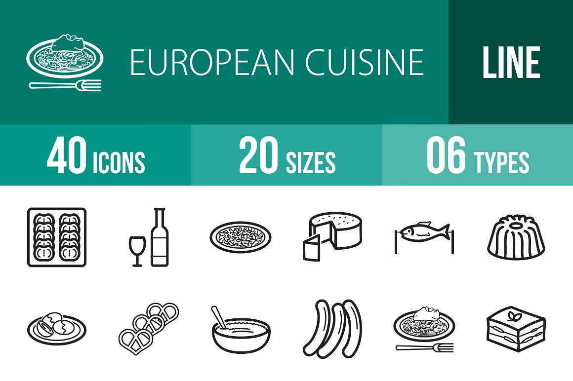 欧洲美食主题线框图标集 European Cuisine Line Icons插图