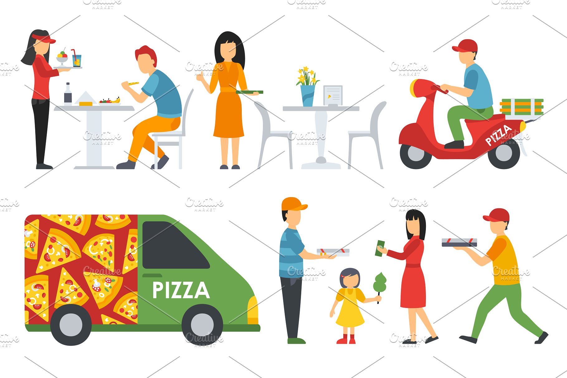 各式职业人员吃披萨形象扁平化设计矢量插画 Pizzeria – flat people set插图(15)