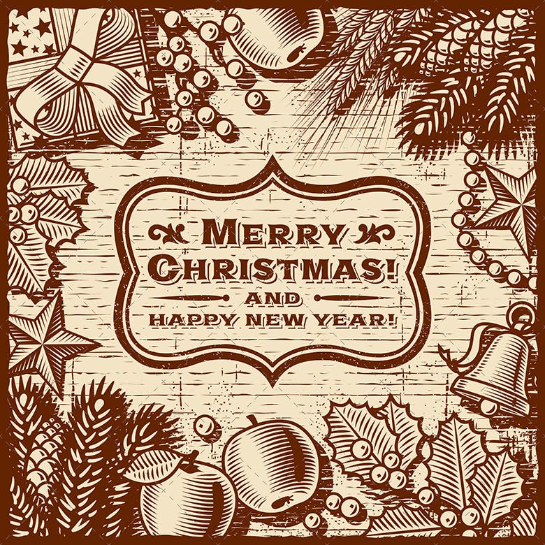 复古棕色风格圣诞节贺卡设计模板 Christmas Retro Card Brown插图(1)