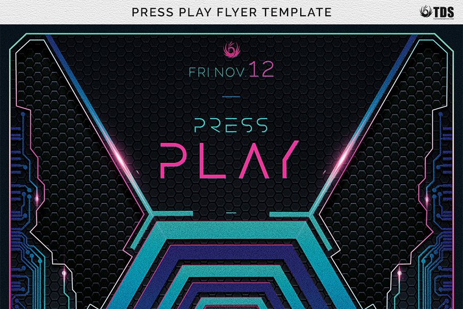 科技感DJ音乐派对海报传单模板 Press Play Flyer PSD插图(6)