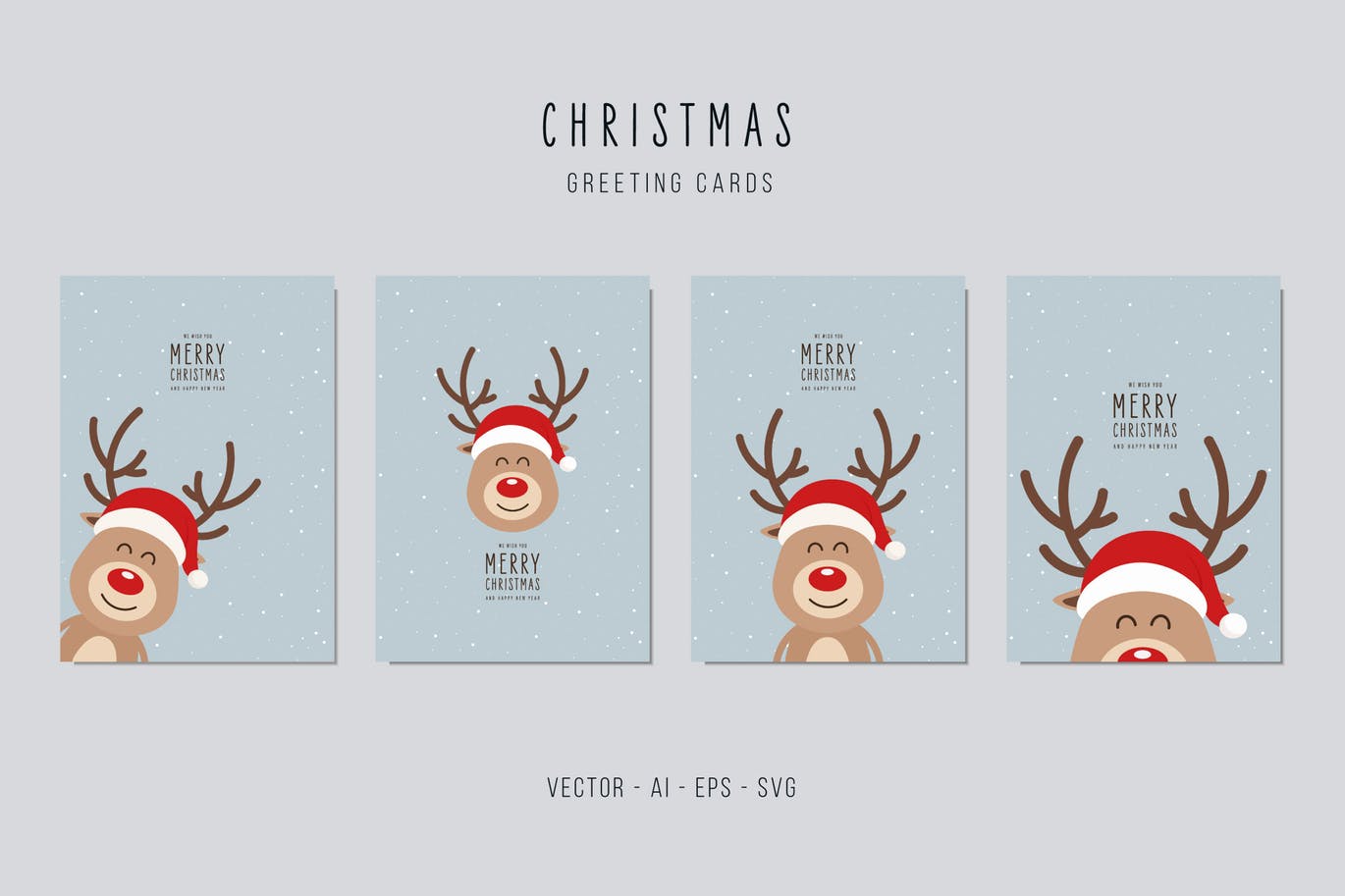 可爱卡通驯鹿图案圣诞节矢量贺卡设计模板v2 Christmas Reindeer Vector Card Set插图
