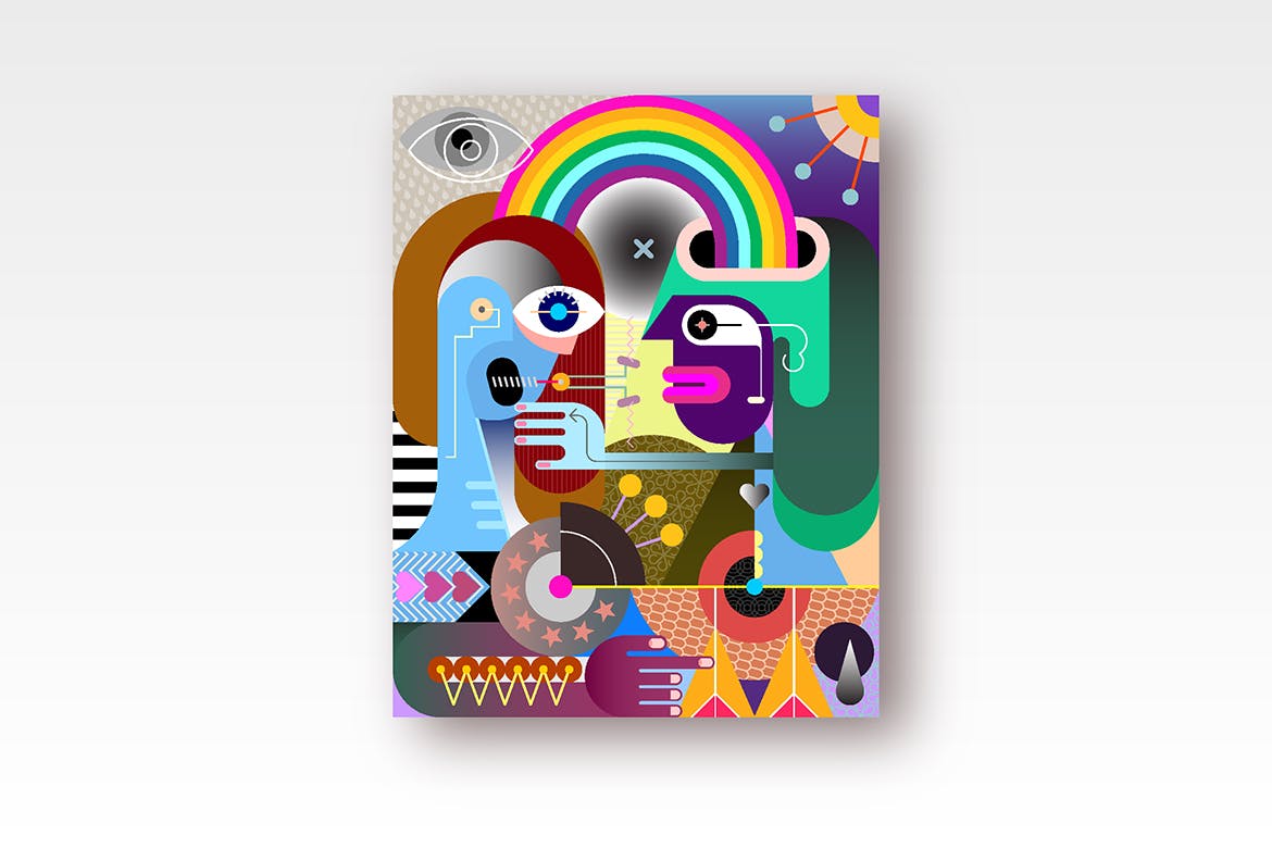 彩虹下的两个人抽象手绘矢量插画 Two people under a rainbow vector illustration插图