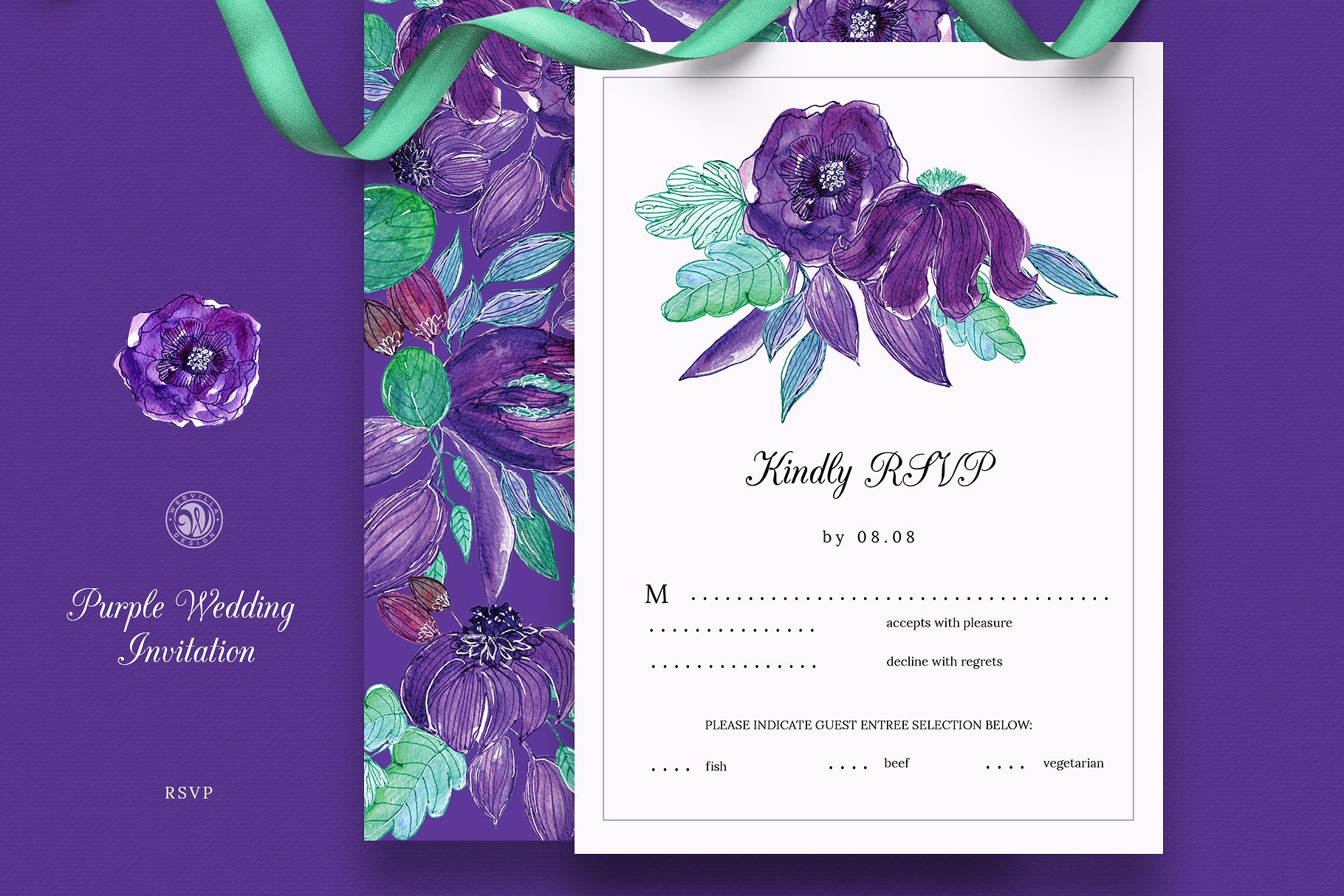 紫色花卉婚礼邀请函设计模板 Purple Wedding Invitation Set插图(4)
