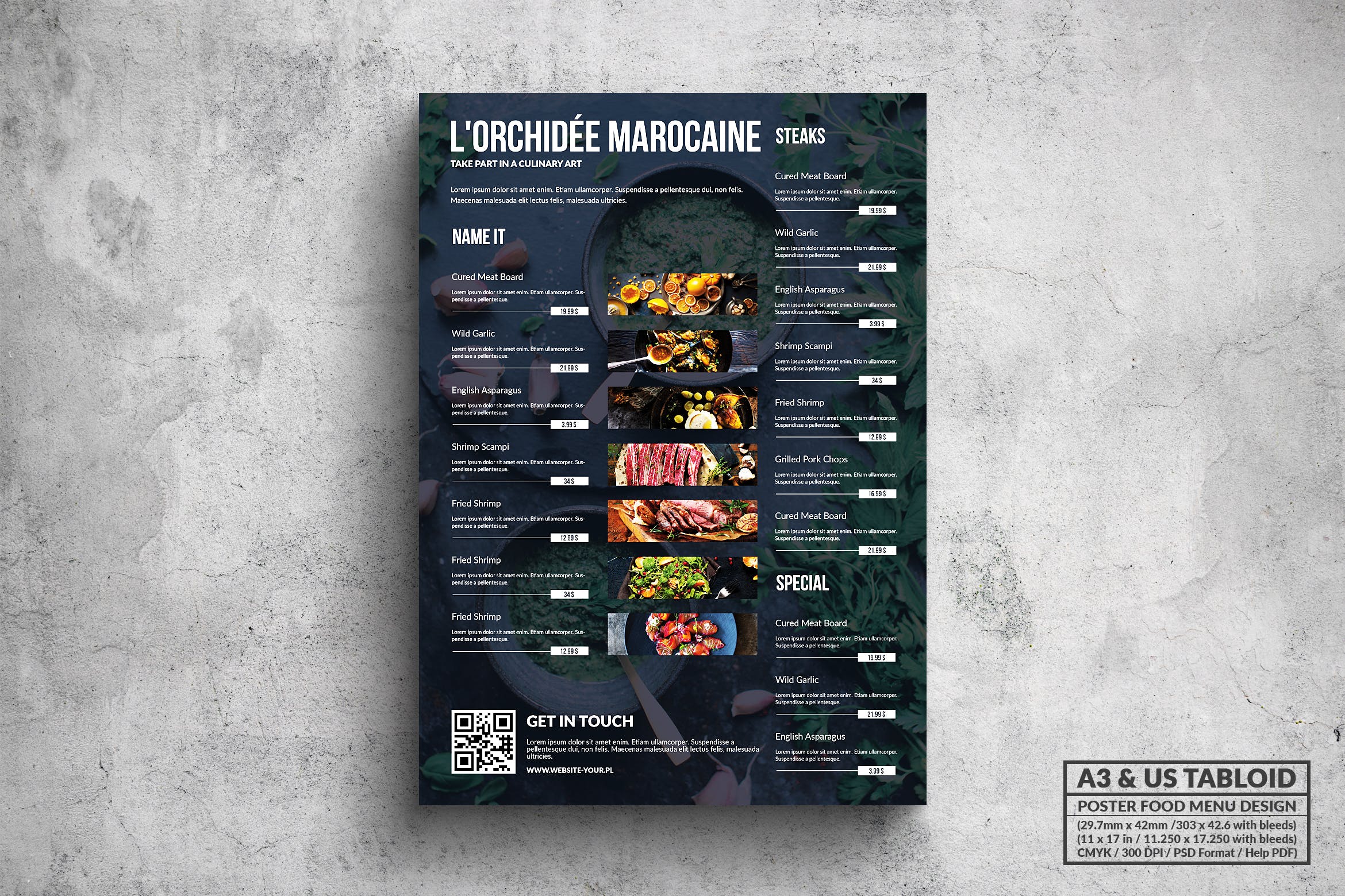 A3＆美国信纸尺寸西餐厅菜单海报设计模板 Elegant Food Menu – A3 & US Tabloid Poster插图