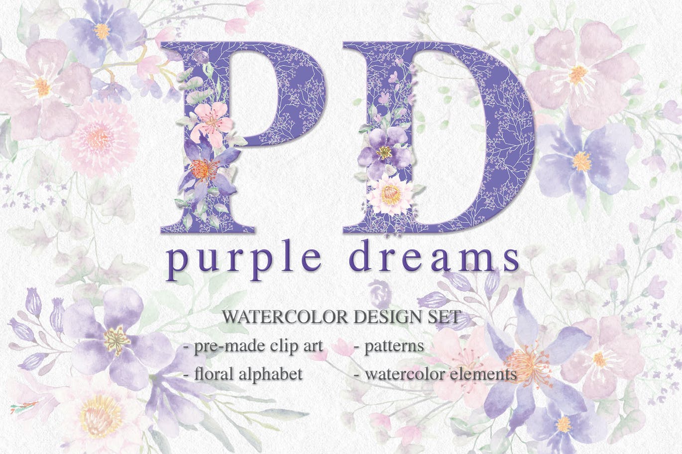 紫色梦幻水彩花卉图案设计素材包 Purple Dreams Watercolor Design Set插图