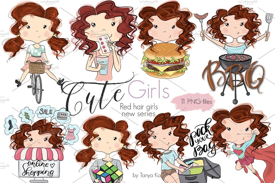 可爱女孩和独角兽女孩卡通形象插画 Cute Girls & Unicorn Girl Collection插图(4)