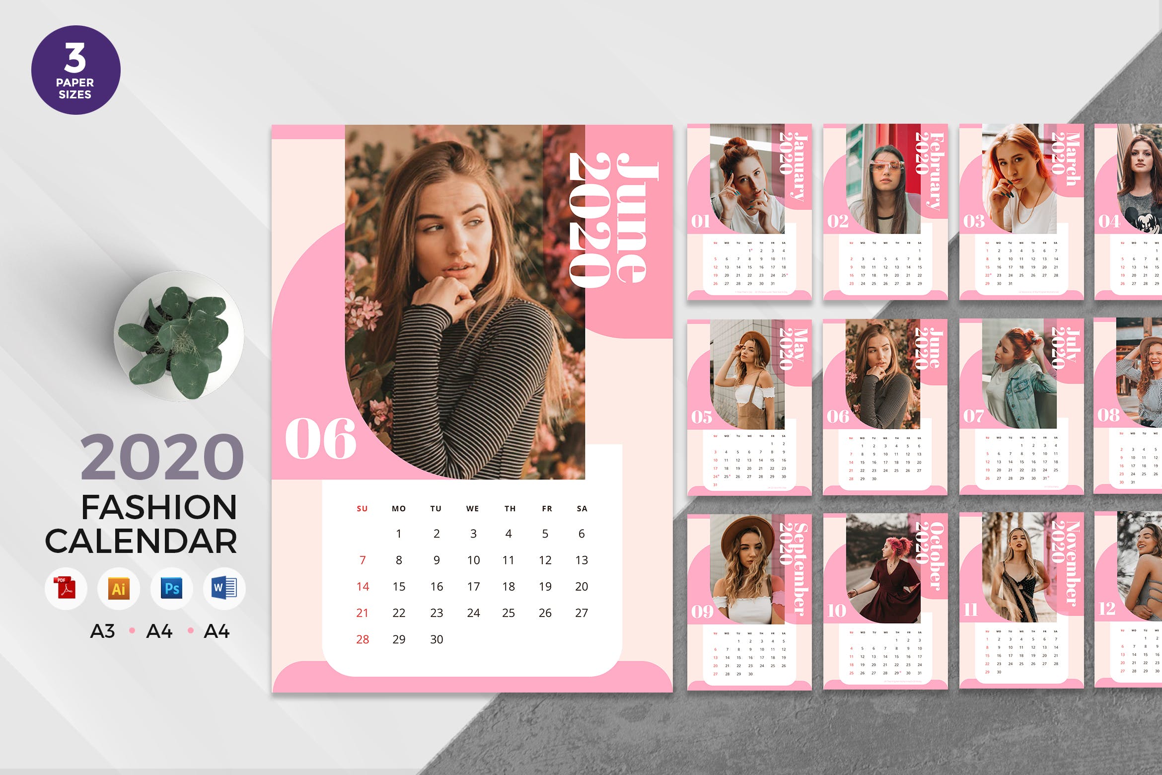 时尚行业主题2020年日历设计模板 Trendy Fashion 2020 Calendar – AI, DOC, PSD插图