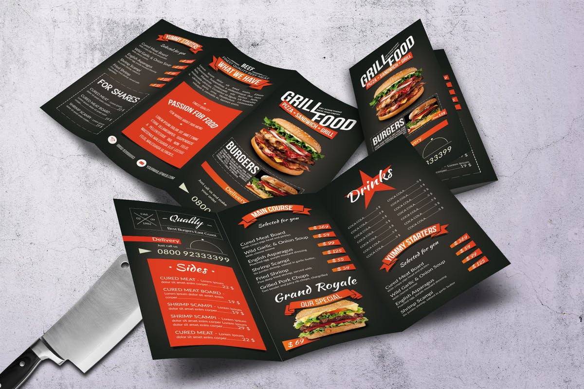 烧烤吧主题餐厅三折页食物菜单模板 Grill BBQ Trifold Food Menu插图