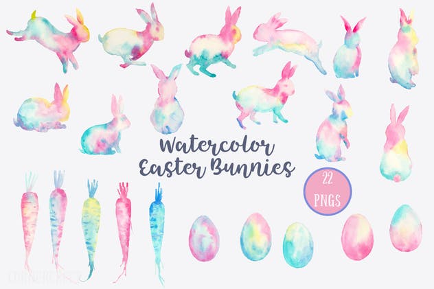 复活节兔子水彩矢量图案设计套装 Watercolor Easter Bunnies Design Kit插图1