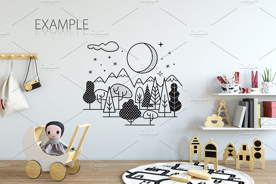 儿童主题卧室墙纸设计&相框样机 Interior KIDS WALL & FRAMES Mockup 2插图33