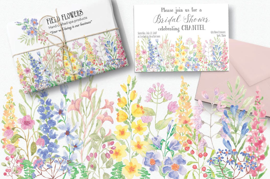 水彩手绘花卉边框&元素PNG素材 Field Flowers: Watercolor Border plus Elements插图(2)