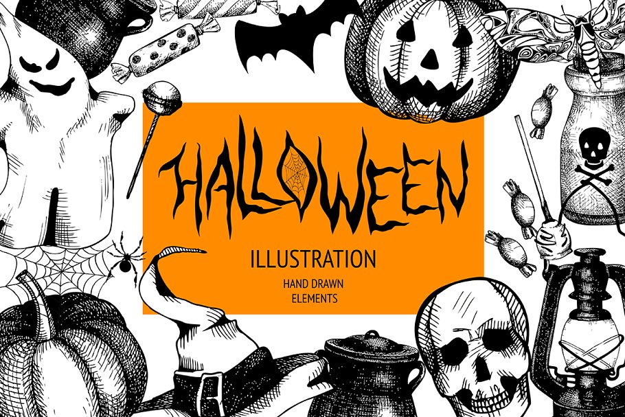 复古墨水手绘万圣节矢量插图 Vector Halloween Design Elements插图