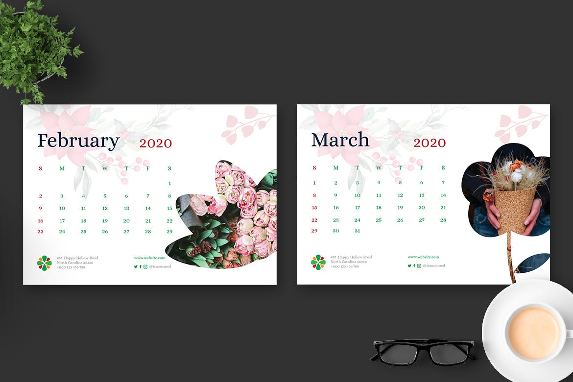 2020年花卉主题翻页台历设计模板 2020 Clean Florist Calendar Pro插图(2)