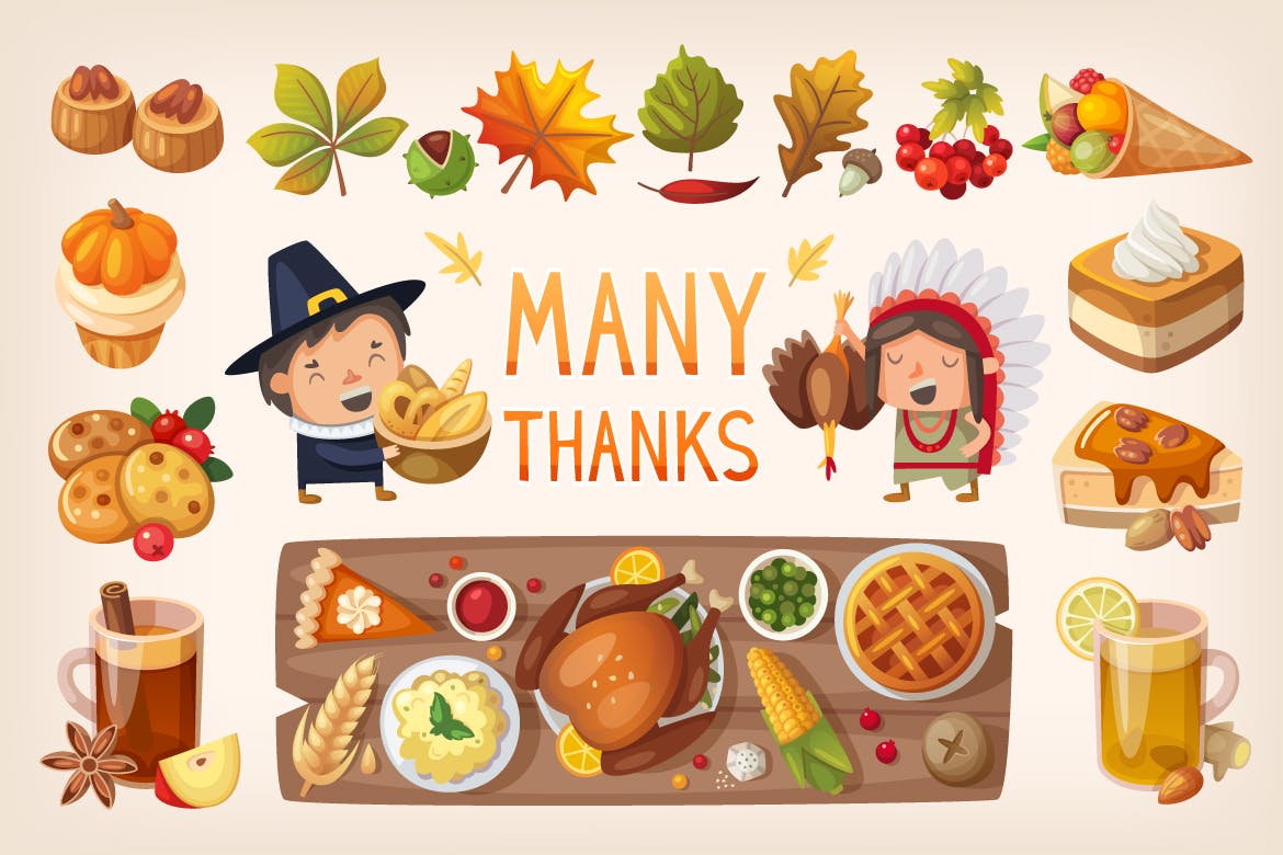 卡通版本感恩节美食矢量设计素材 Thanksgiving Dinner Table插图1