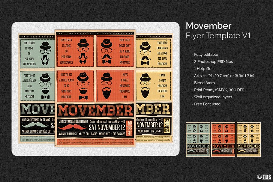 音乐主题抽象传单PSD模板v1 Movember Flyer PSD V1插图(1)