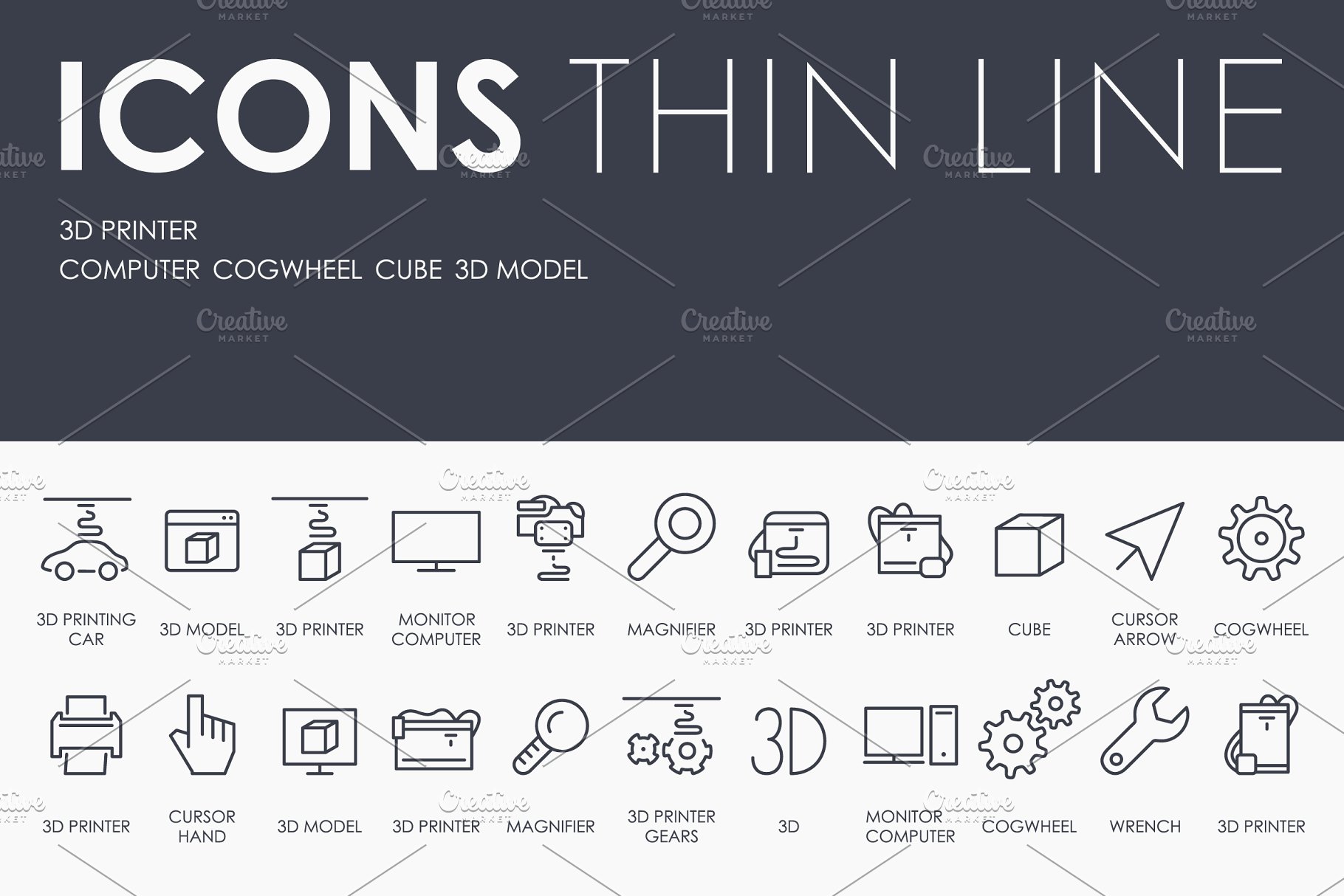 3D白色背景办公维修工具细线图标 3d printer thinline icons插图