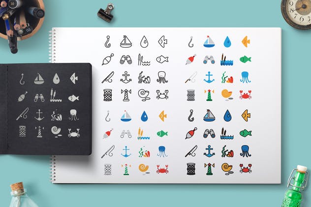 海洋主题图标＆图案背景纹理 Sea Icons and Patterns Set插图1