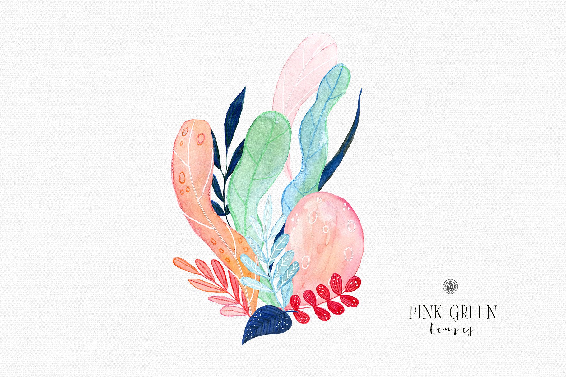 水彩手绘粉绿色叶子插画合集 Pink Green Leaves插图3