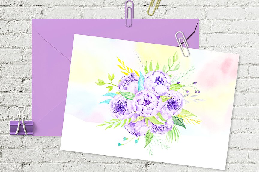 水彩紫丁香花束素材 Watercolor Lilac Peony Bouquet插图3