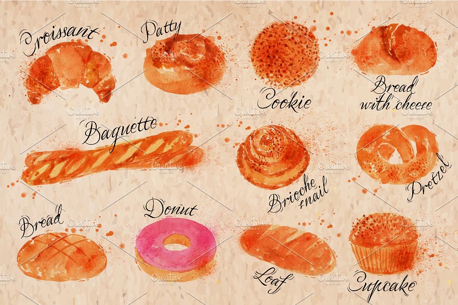 手绘水彩烘焙面包剪贴画合集 Bread products watercolor插图(1)