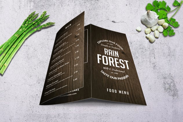 复古木纹三折页食物菜单设计模板 Rain Forest Trifold A4 & US Letter Menu插图3