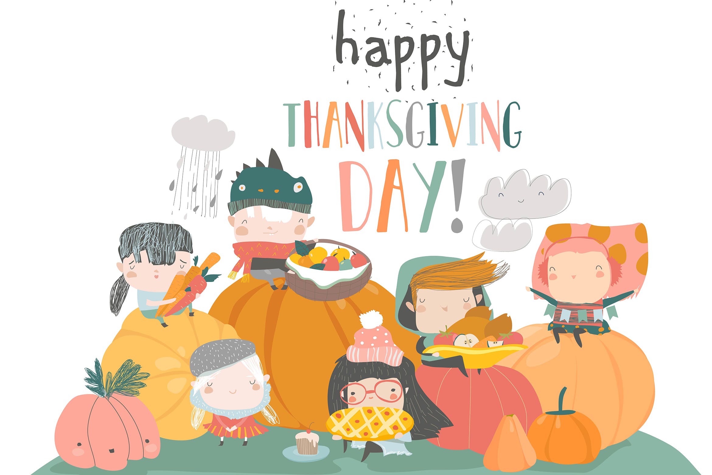儿童卡通风格感恩节主题手绘矢量图形素材 Cartoon children harvesting. Happy Thanksgiving Da插图