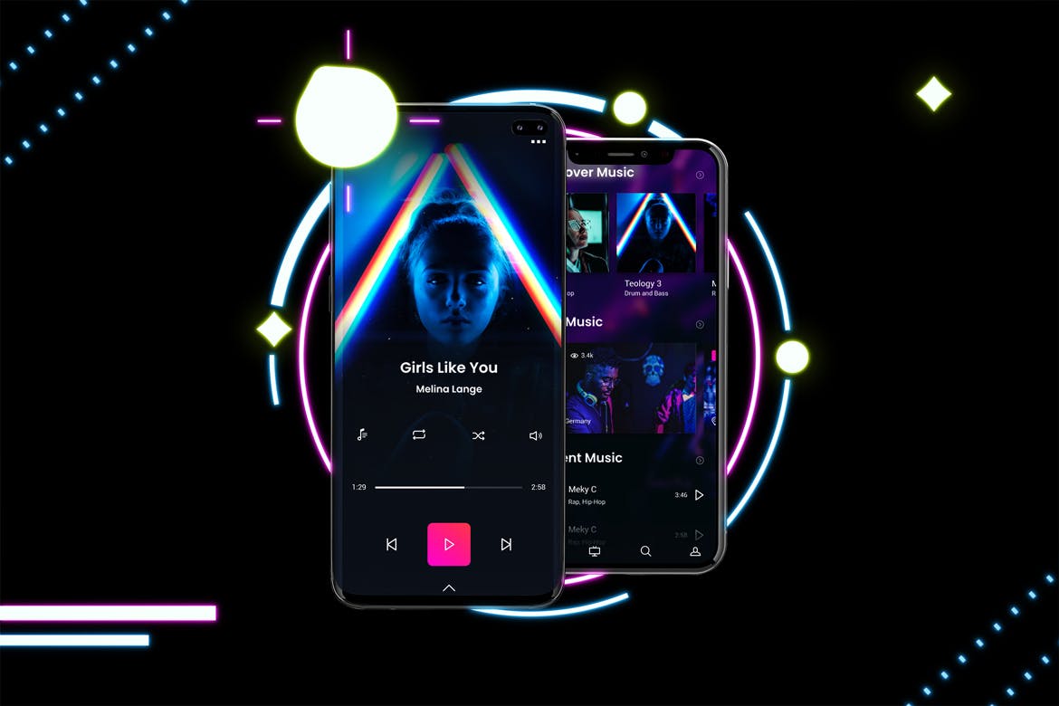 高质量霓虹灯风格iOS/Android手机样机模板 Neon IOS & Android插图(4)