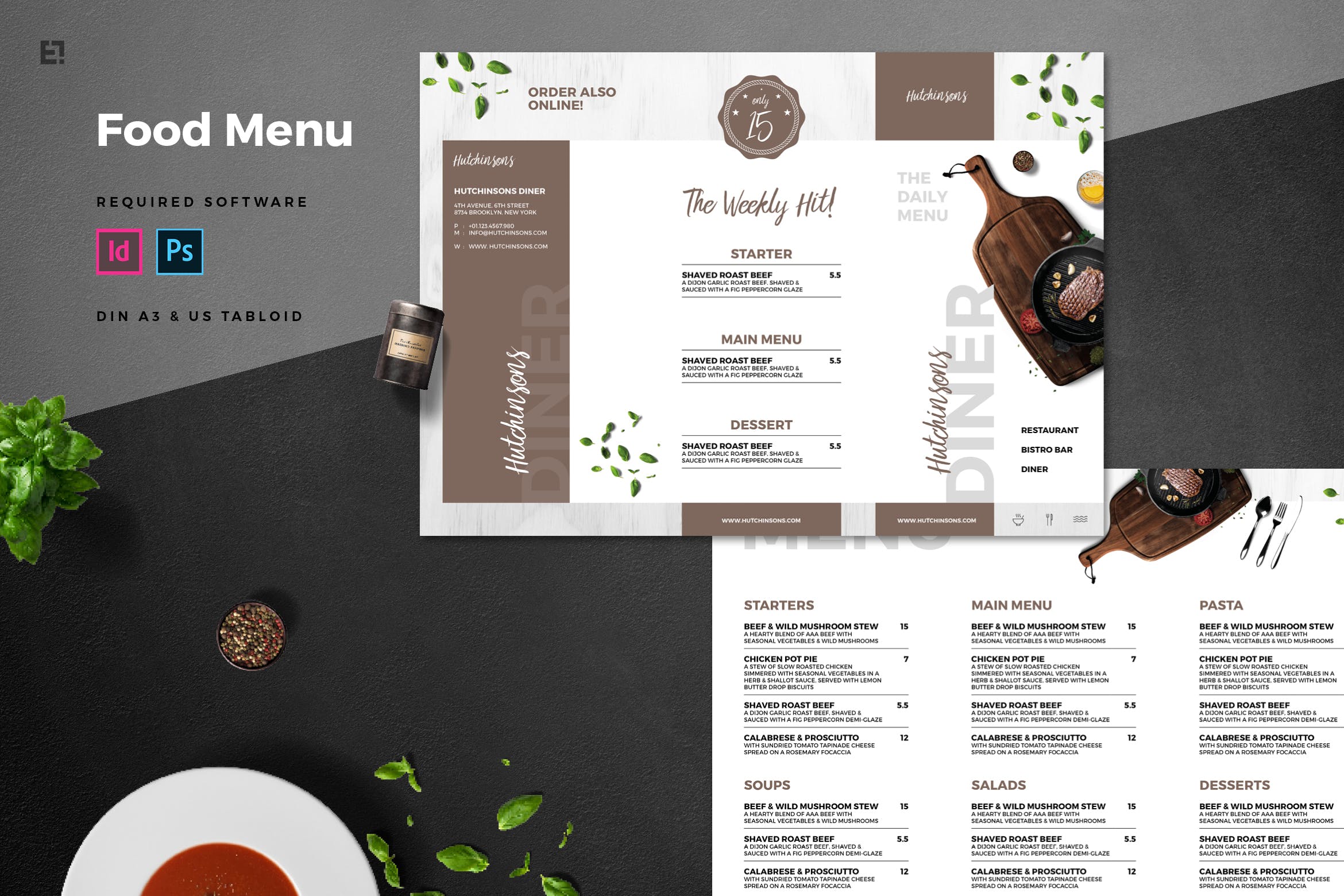 三折页西餐厅菜单设计模板素材 Trifold Restaurant Menu插图
