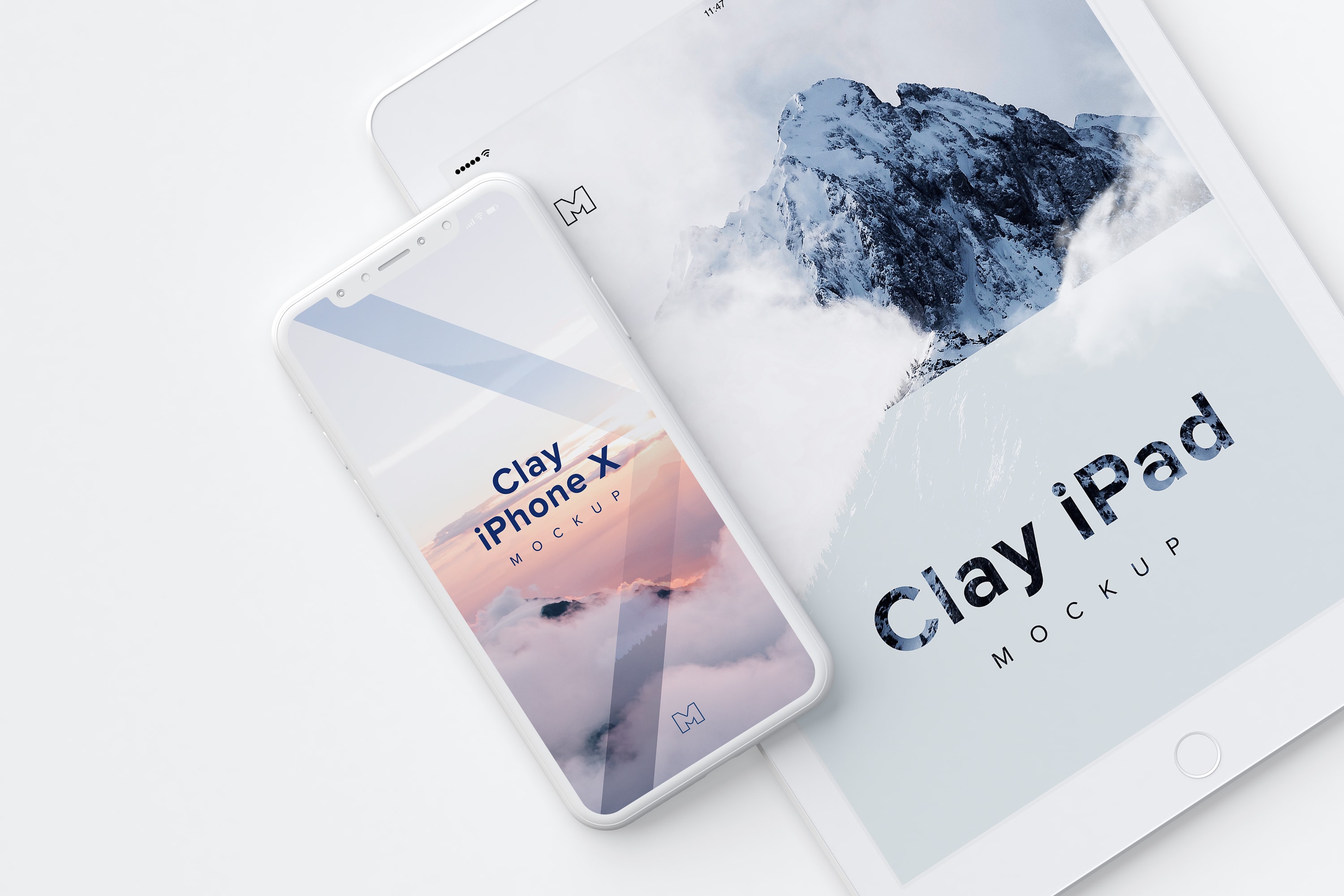 iPhone X＆iPad叠放平铺视觉屏幕设计演示样机模板01 Clay iPhone X and iPad Mockup 01插图