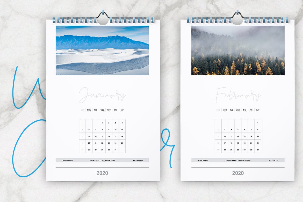 2020年风景照片挂墙活页日历设计模板 Wall Calendar 2020 Layout插图1