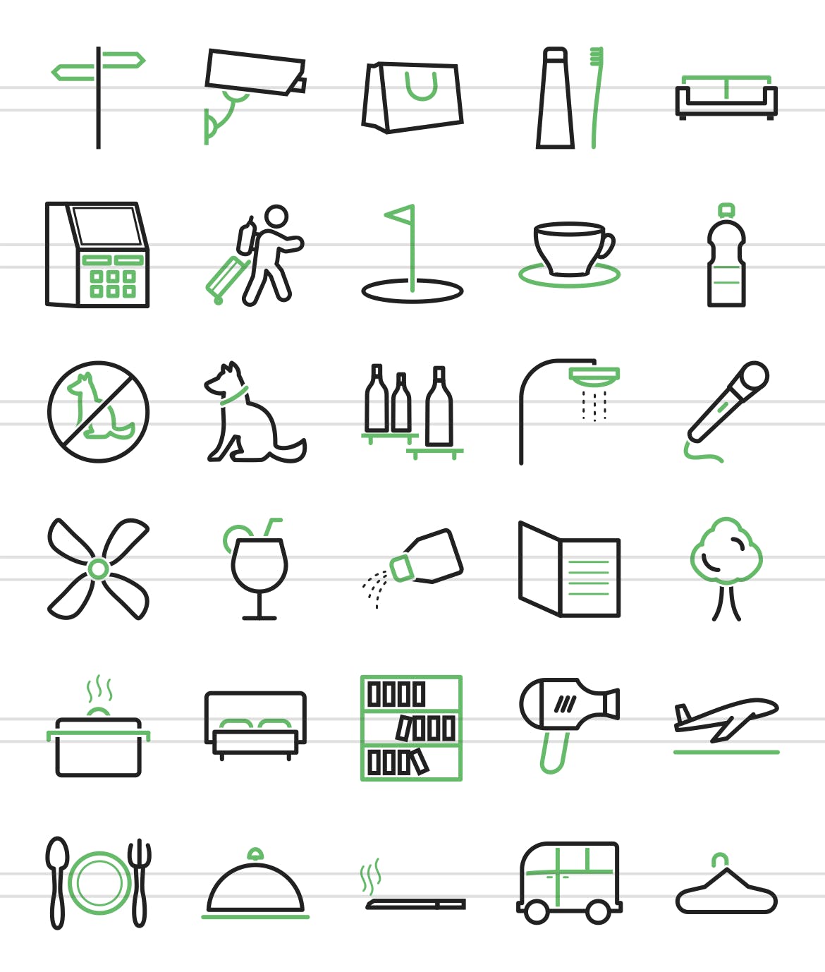 60枚酒店&餐厅线条图标素材 60 Hotel & Restaurant Line Green & Black Icons插图(1)