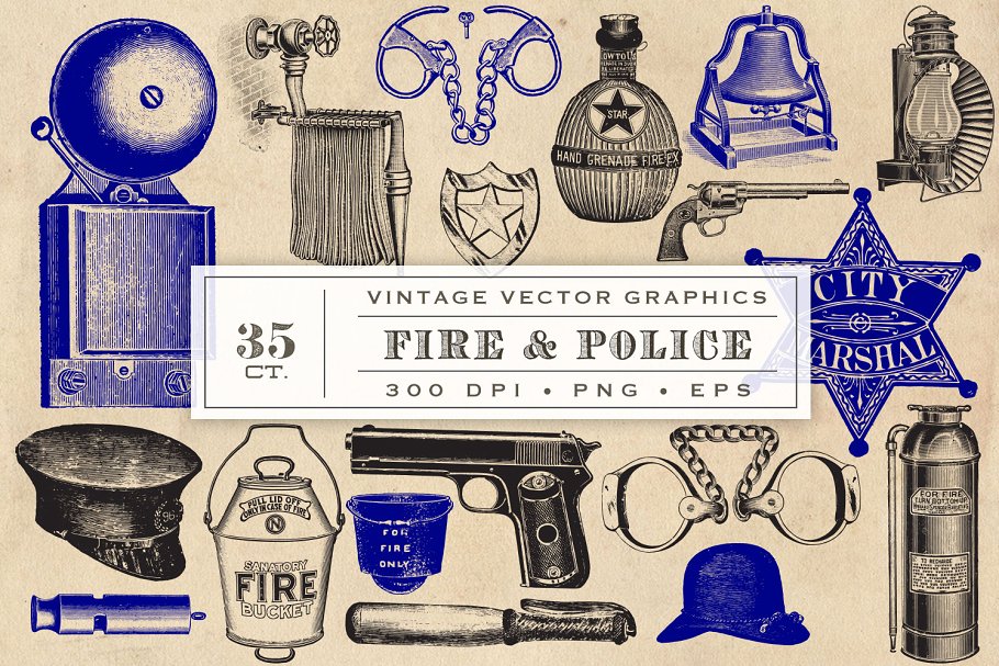 复古消防＆警察主题矢量图案素材 Fire & Police Vector Graphics插图
