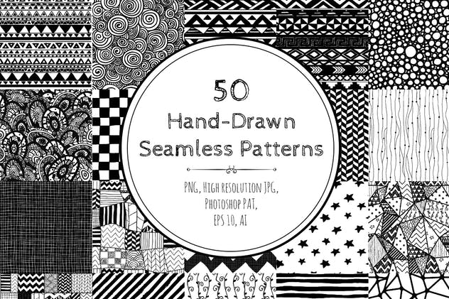 50款黑色手绘无缝印花图案 50 Black Hand-Drawn Seamless Patterns插图(1)