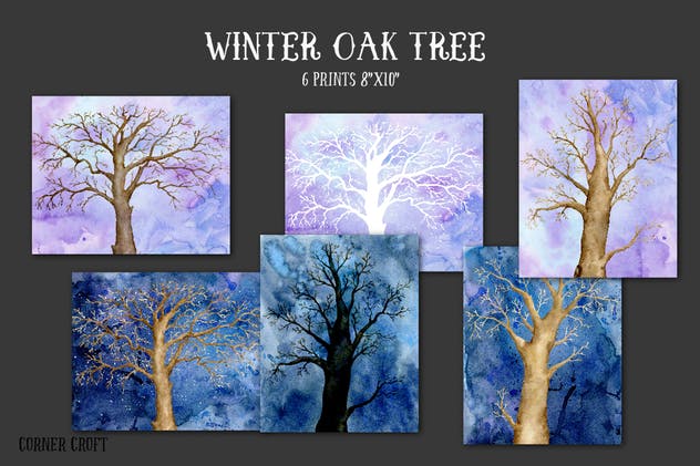 冬季橡树水彩剪贴画合集 Watercolor Clip Art Winter Oak Tree插图3