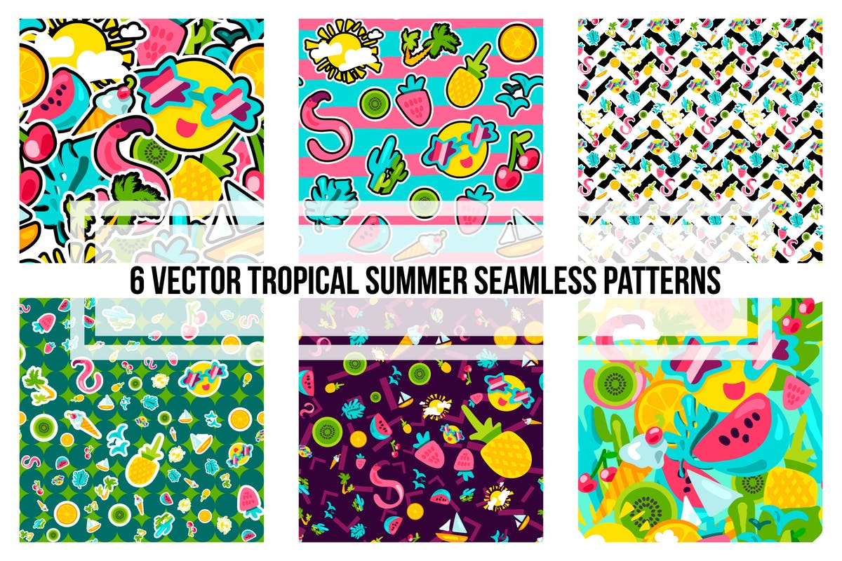 热带夏季多彩手绘图案素材 Tropical Summer Patterns插图