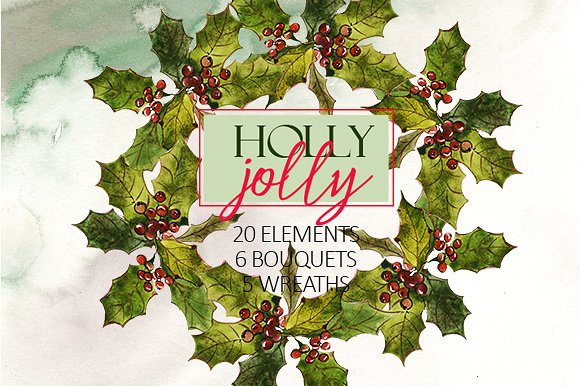 圣诞水彩剪辑集（一堆圣诞元素） Holly Steams Christmas Watercolors插图(4)