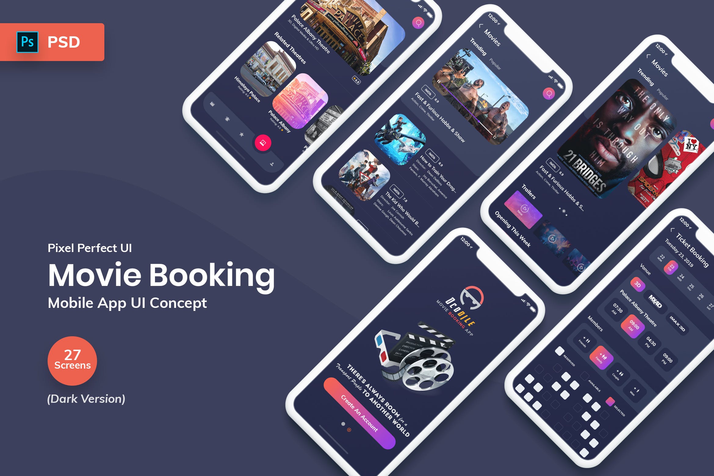 电影网上选座预订APP应用UI设计套件PSD模板 Ocodile-Movie Booking Mobile App UI Kit Dark插图