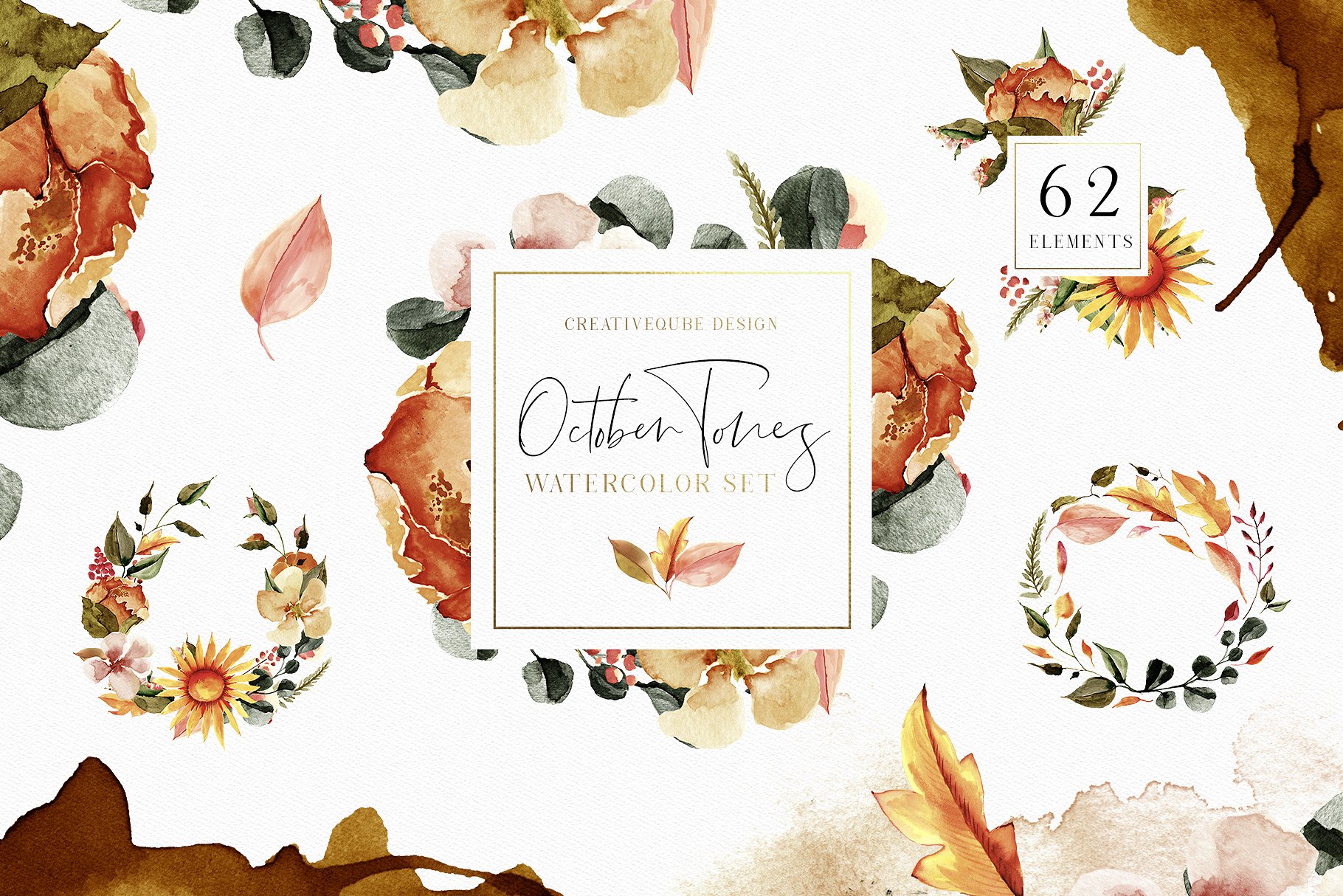 十月色调水彩花卉剪贴画 October Tones Watercolor Clipart Set插图