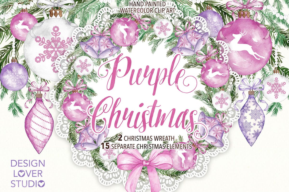 紫色圣诞节水彩元素插画设计素材 Watercolor “Purple Christmas” design插图