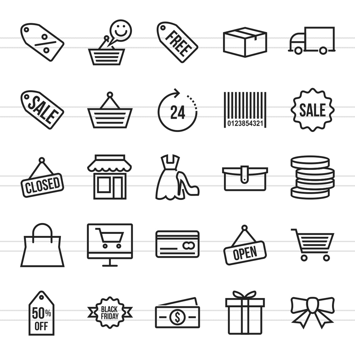 25枚黒五海淘购物节线性图标素材 25 Black Friday Line Icons插图(1)