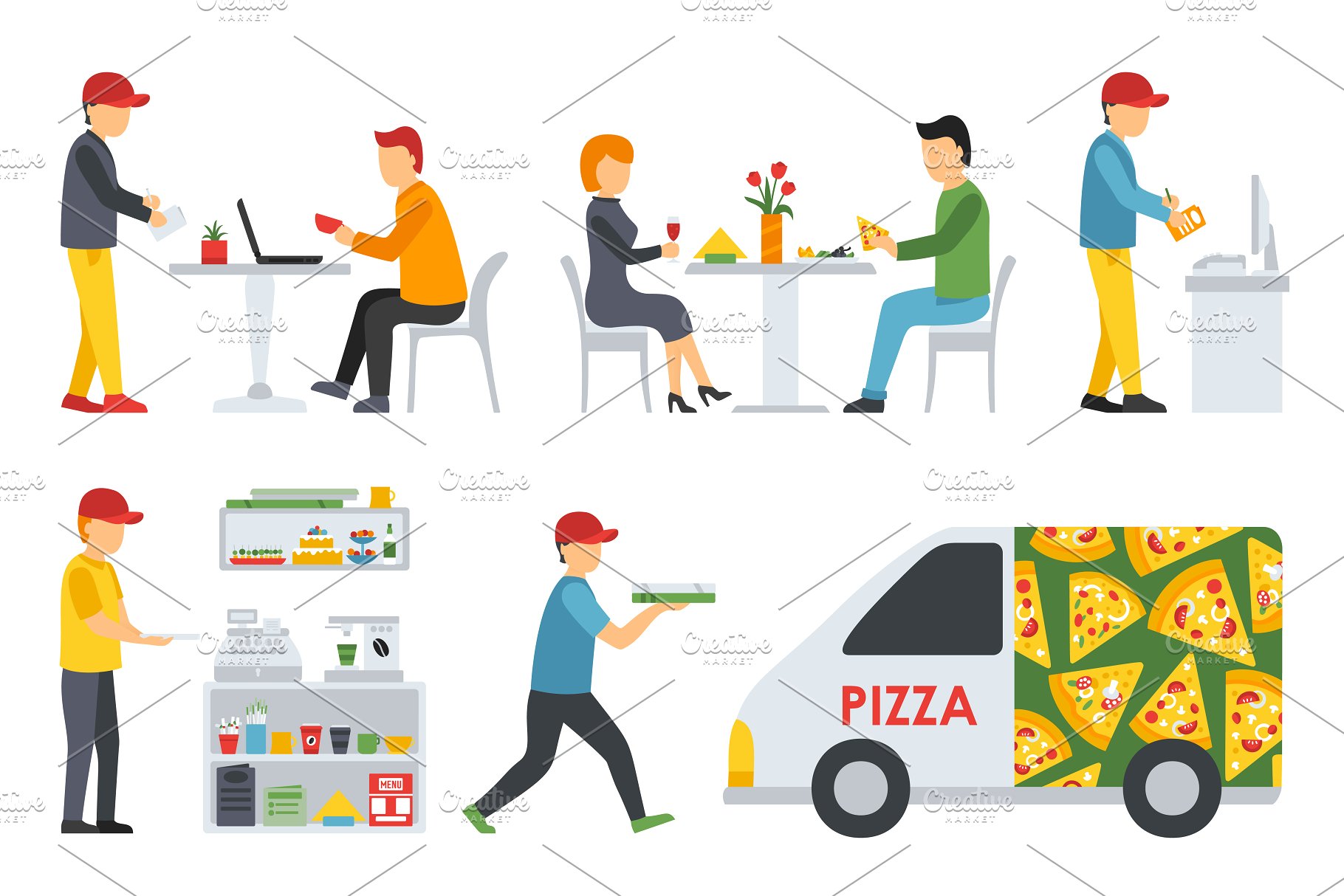 各式职业人员吃披萨形象扁平化设计矢量插画 Pizzeria – flat people set插图(6)