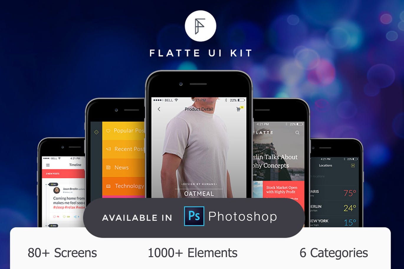 多用途扁平化APP设计UI工具包PSD模板 Flatte UI Kit – 80++ for Photoshop插图