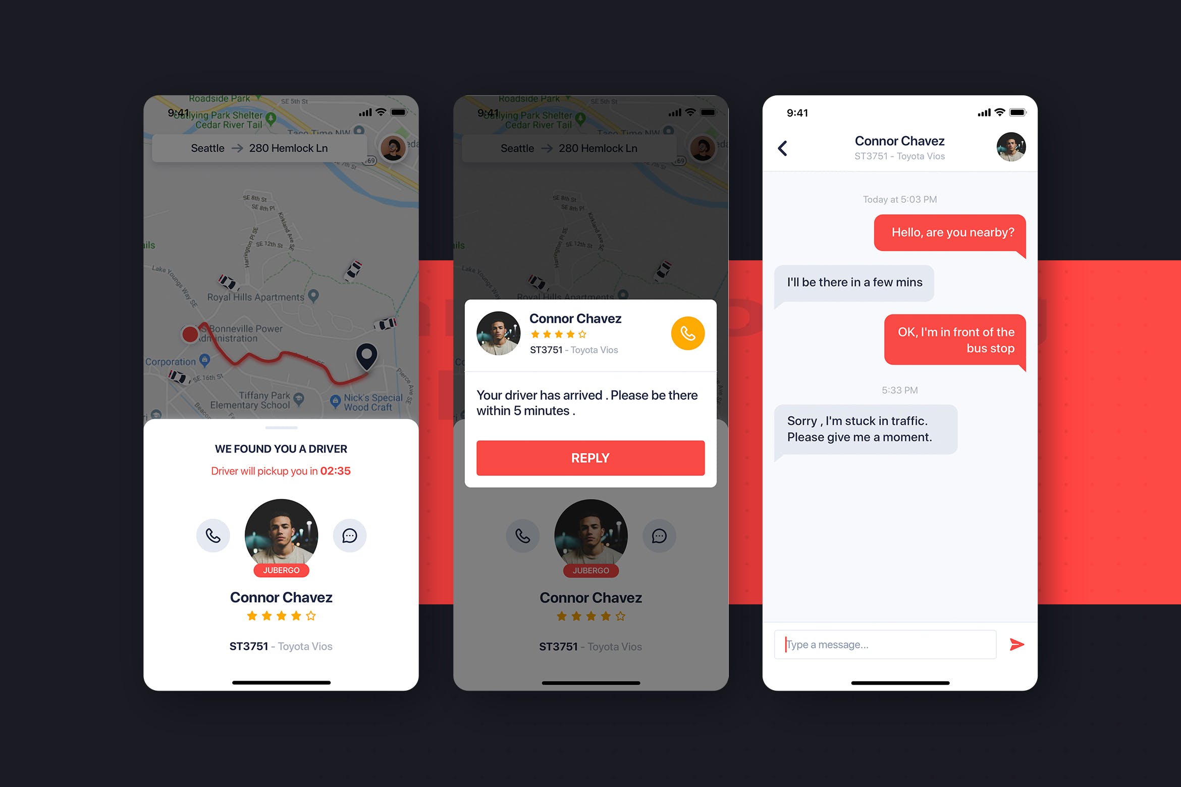 网约车APP应用UI设计之聊天界面设计模板 Car Booking UI mobile concept – Message插图