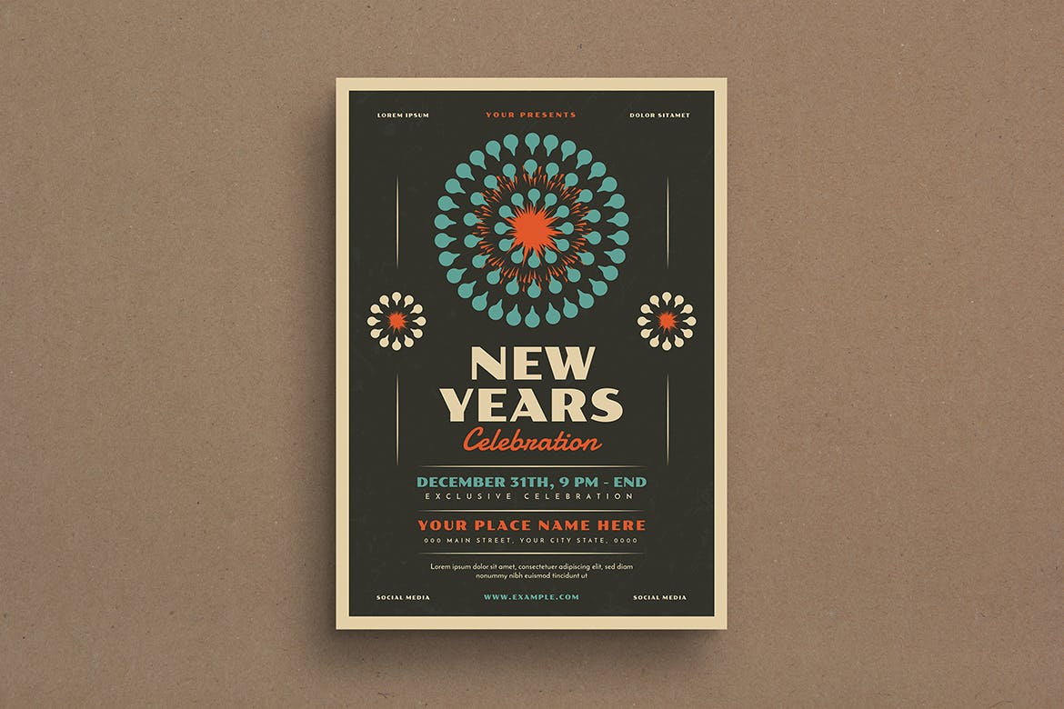 复古风格新年主题活动海报传单模板 Retro New Year’s Event Flyer插图(1)
