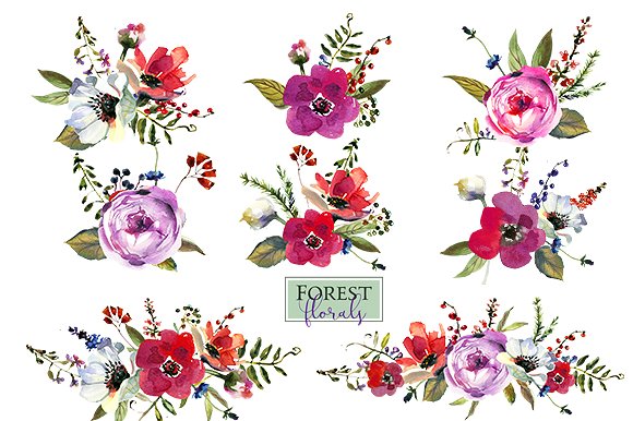粉色紫罗兰色水彩花卉素材集 Watercolor Pink Purple Florals Set插图(1)