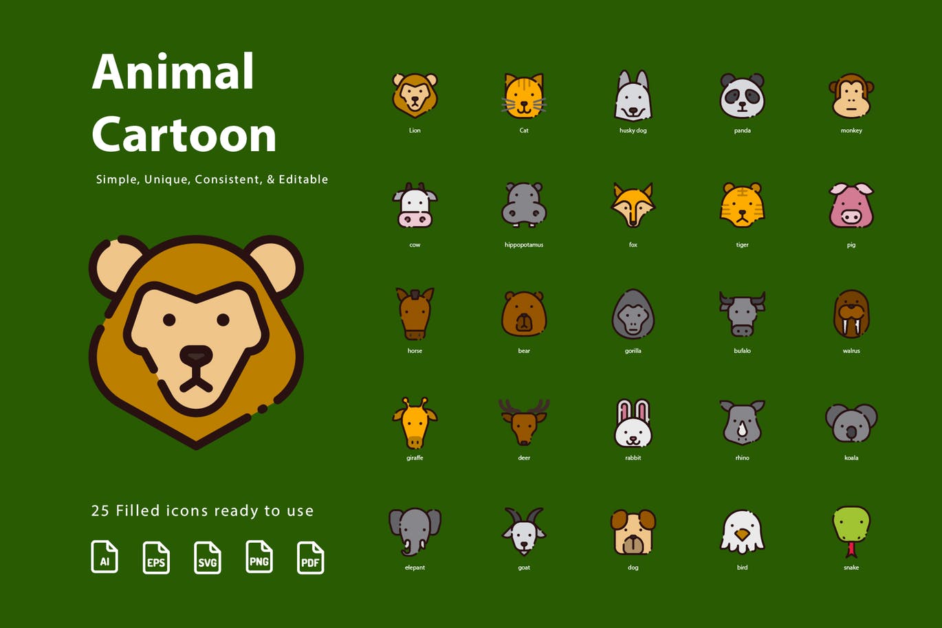 动物卡通形象填充图标素材 Animal Cartoon (Filled)插图(2)