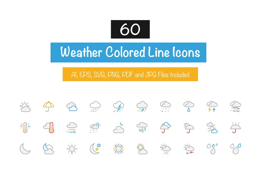 60个天气主题彩色线条图标集插图