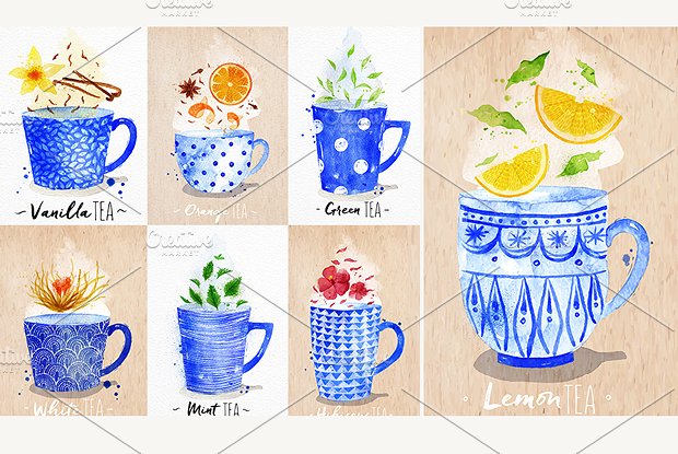 美丽如诗现代茶饮水彩菜单 Watercolor Tea Menu插图2