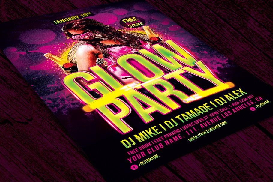 迷幻荧光主题趴传单模板  Glow Party Flyer Template插图(1)